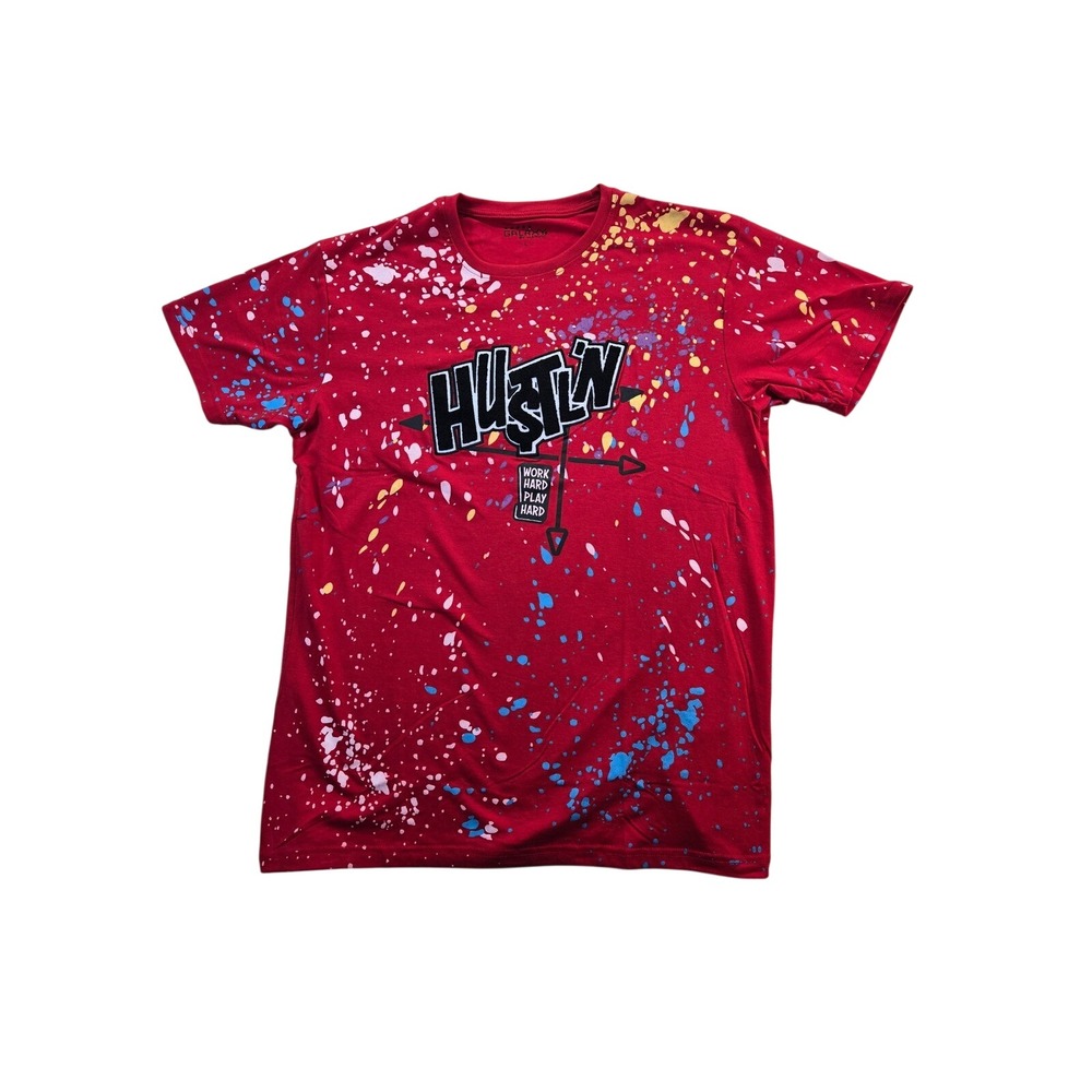 Galaxy T Shirt Mens L Red Hustlin Paint Splatter Graphic Tee Streetwear Short Sl